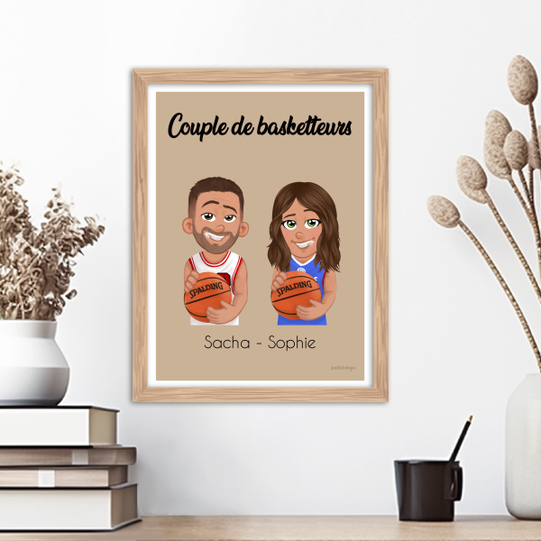 Affiche personnalisée couple ou amis basketteurs avec avatars et prénoms