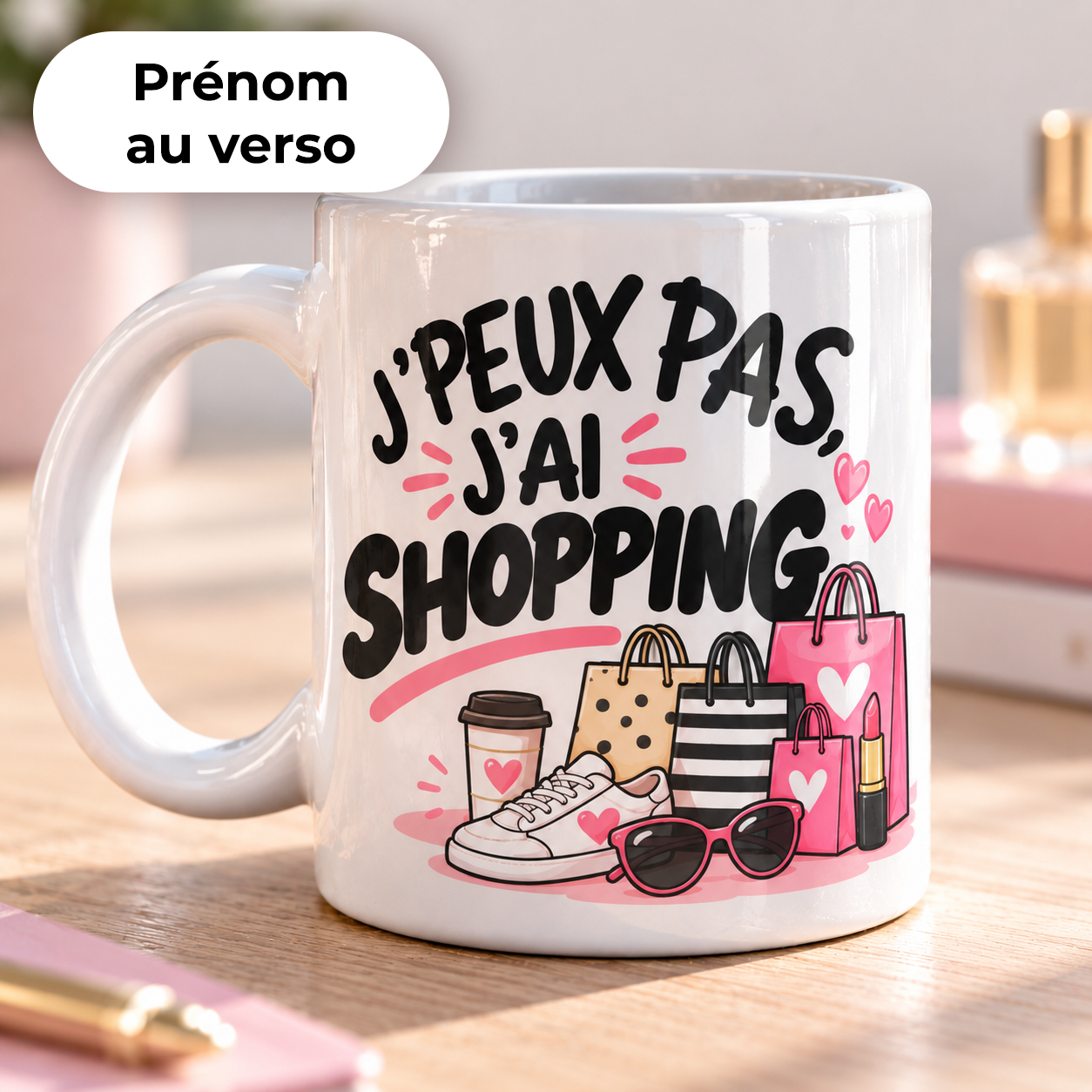 Mug personnalisé SHOPPING pour femme de la collection Les J’peux pas
