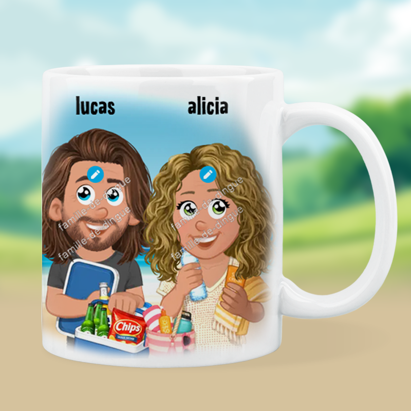 Mug personnalisé avec illustration de famille style avatar, texte et prénoms