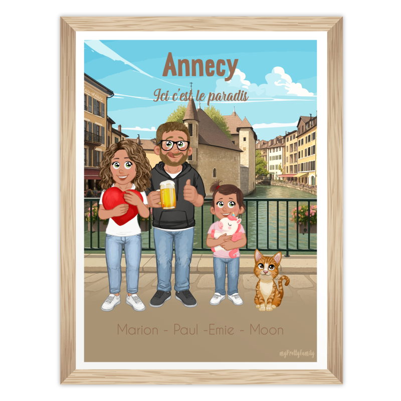  Illustration famille personnalisée devant la vieille ville d’Annecy avec avatars